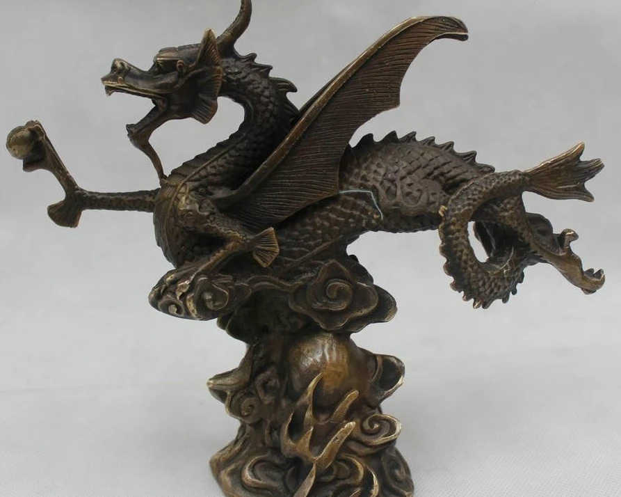 

20CM Chinese Feng Shui Bronze Lucky Lifelike Fly Dragon Play Bead Statue