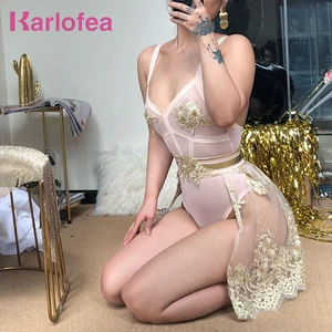Женский комплект из двух предметов Karlofea, роскошное золотистое сексуальное боди и мини-юбка, Аппликации, бисер, для дня рождения