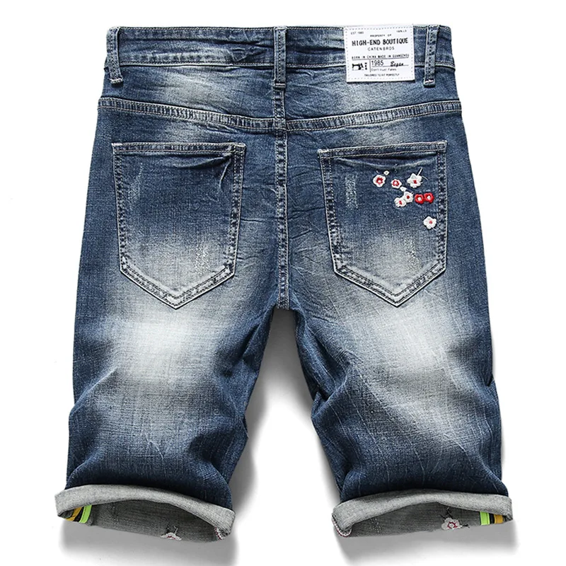 Мужские джинсовые шорты с цветочной вышивкой летние синие в стиле хип-хоп
