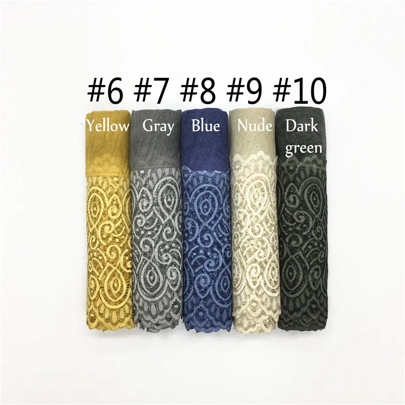 Fashion luxury floral lace with plain solid viscose shawl foulard muslim echarpe women scarf hijabs bandana 10pcs fast shipping |