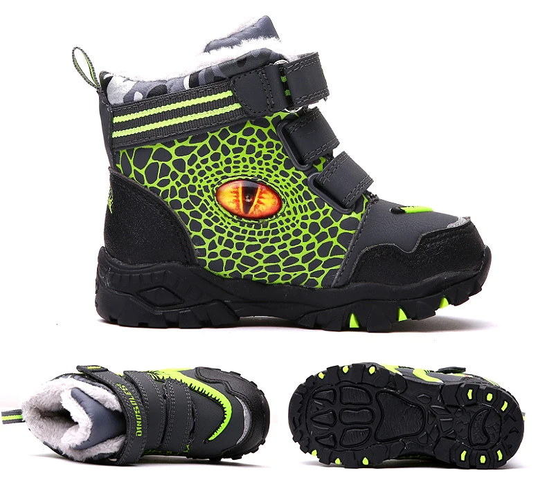 Dinoskulls Winter Boots Kids Light Up Black Boys Snow Shoes Fleece Children LED 3D Dinosaur Waterproof Big Boys Trainers