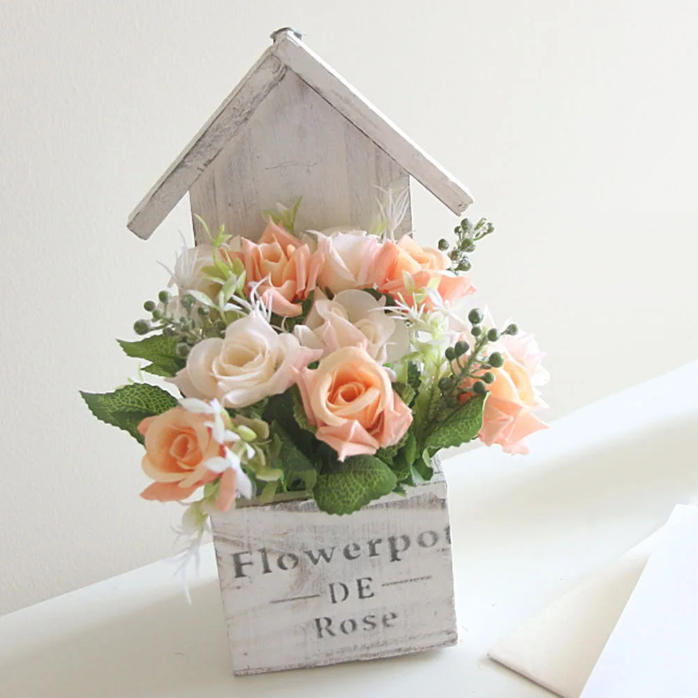 1Pc Artificial Flower Wooden Cabin Pot Bonsai Garden Wedding Living Room Decor Plants | Дом и сад