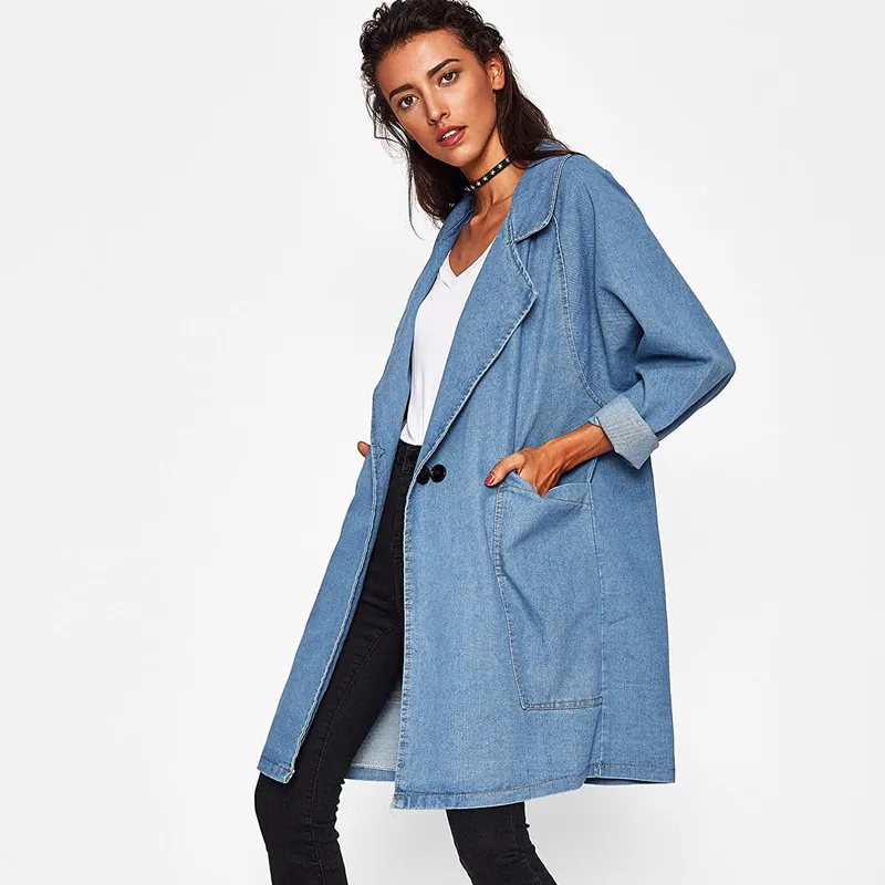Женский джинсовый Тренч с большими карманами и отложным воротником 2019|denim trench