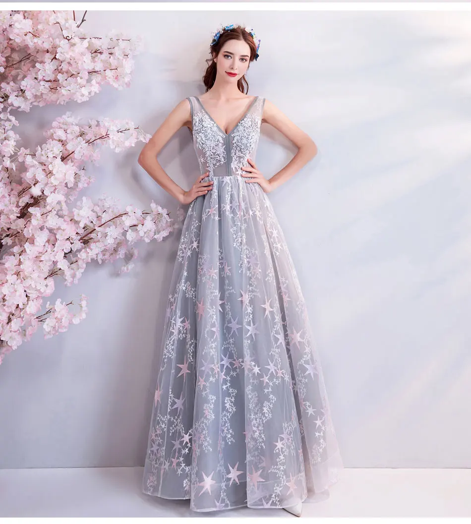 Женское вечернее платье SSYFashion серое без рукавов с v-образным вырезом кружевной