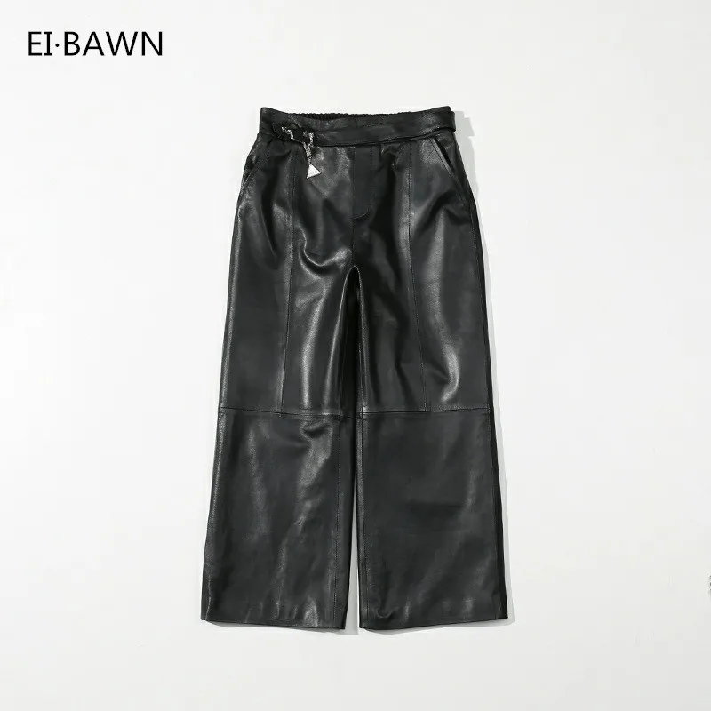 2019 Autumn Wide Leg Leather Pants Trousers Women Plus Size High Waist Loose Streetwear Vintage Casual Sexy Black Woman | Женская одежда