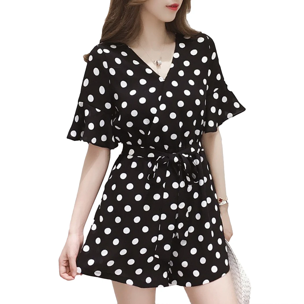 Office Elegant Polka Dot V Neck Party Romper Summer Fashion Casual Playsuit Women Stylish Short Sleeve Lace Up Jumpsuit Plu Size | Женская