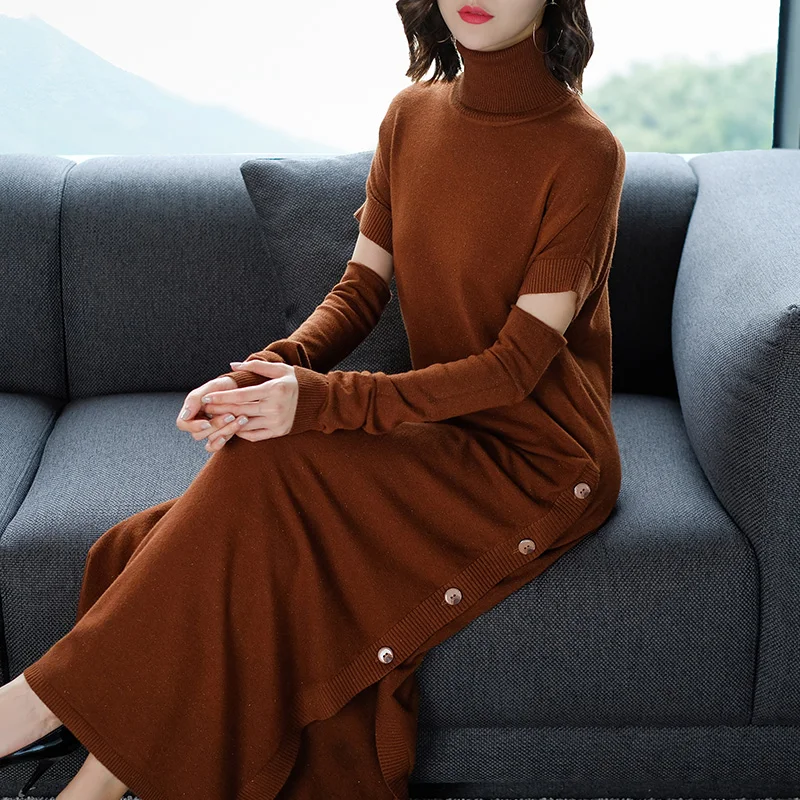 

Women Autumn Winter Long Sweater Knitted Dresses Sexy Ladies Side Split Dress Slim Turtleneck Sweater Dresses
