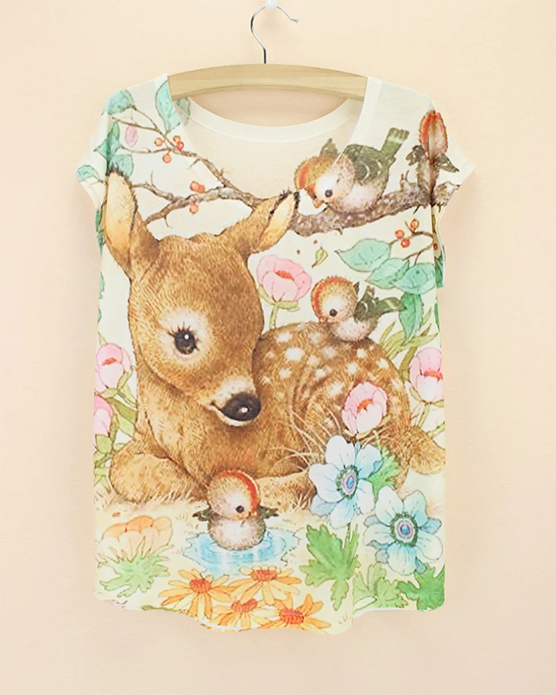 Футболка с принтом Fantacy deer + bird модная футболка для девочек высокое качество