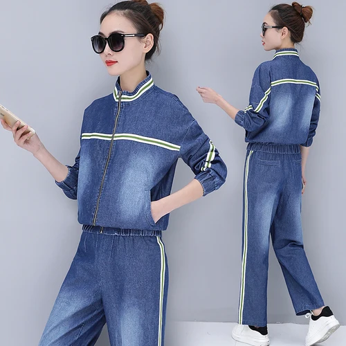 Sportswear Women 2018 New Spring Autumn Casual Striped Coat Long Pants Sporting Suits Patchwork Women's Sets 2 Plus Size | Женская