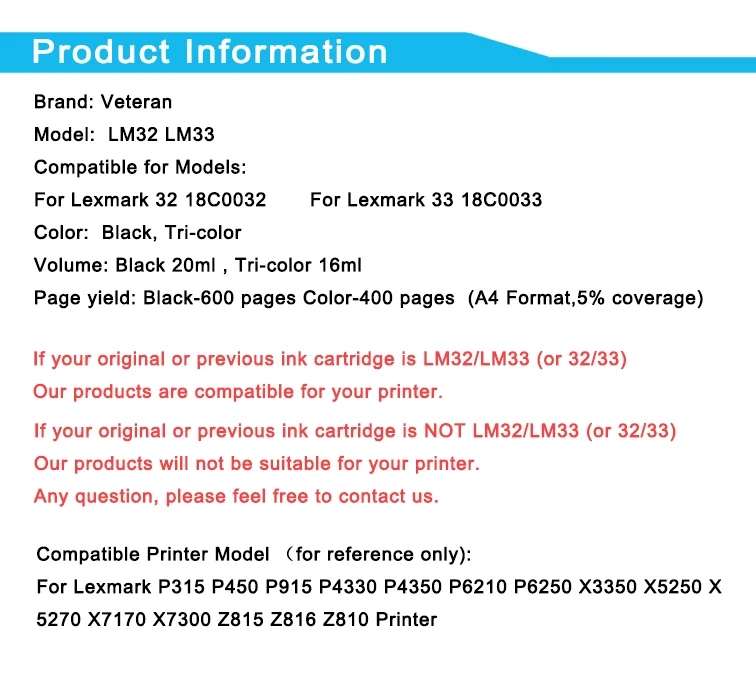 

Veteran Re-manufactured Cartridge for Lexmark 32 33 Ink Cartridge for X5410 X5450 X5470 X7300 X7350 X8310 Z800 Z805 Z810 printe