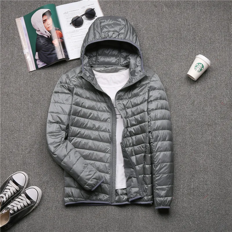 As picture Hooded Ультралегкая Мужская однотонная белая куртка-пуховик на утином пуху, мужские короткие пуховые пальто со стоячим воротником, мужская верхняя одежда с капюшоном, мужская одежда - Цвет: As picture Hooded