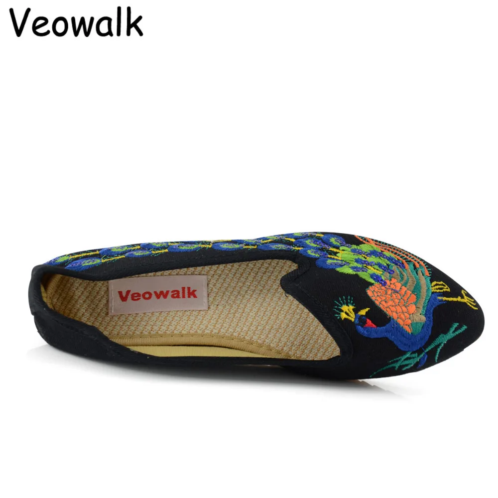 Veowalk/дышащие балетки ручной работы на плоской подошве с острым носком; обувь на плоской подошве с вышивкой; женская повседневная обувь без застежки; элегантная прогулочная парусиновая обувь