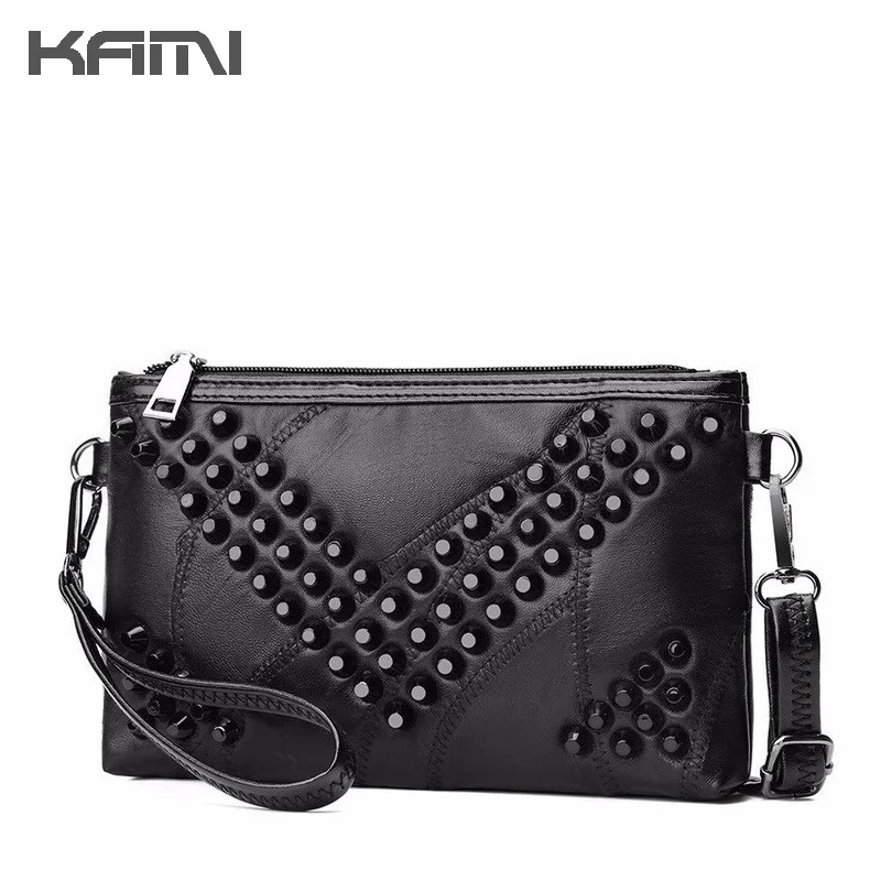 KAMI кожа овчины Для женщин сумка женский сцепления Лоскутная конверт заклепки