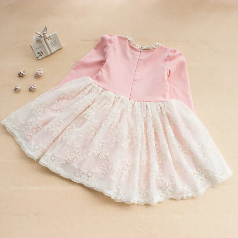 2019 Spring Toddler Kids Girls Dress Long Sleeve Pearls Lace Wedding Party Pageant Embroidery Dresses with Big Bow 4-7Y | Детская одежда