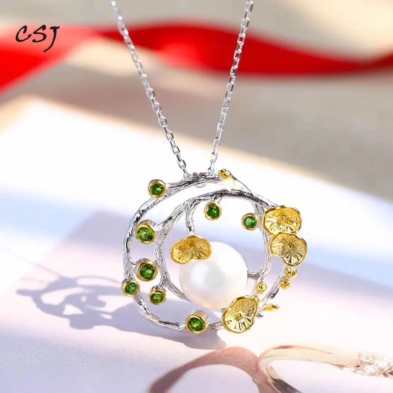 CSJ натуральный хром диопсид жемчужные подвески стерлингового серебра 925 ожерелье
