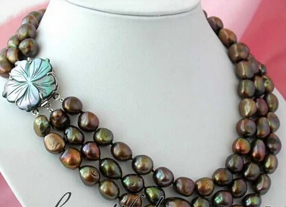 

free shipping 3row baroque coffee freshwater pearl necklace