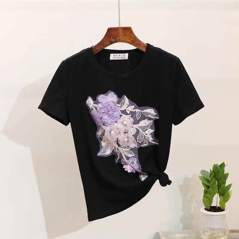 ALPHALMODA Лето, вышитые бисером цветы, Conjuntos De Mujer, вышитые аппликации, футболки с дырками, узкие джинсовые штаны, одежда