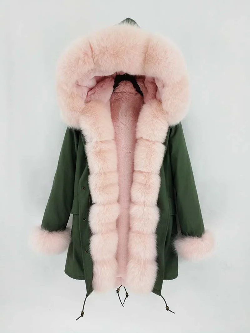 Khaki Green Pink Женская парка пальто с капюшоном и воротником из натурального Лисьего меха зимняя Толстая теплая меховая куртка высокого качества пальто S8201 - Цвет: Khaki Green Pink
