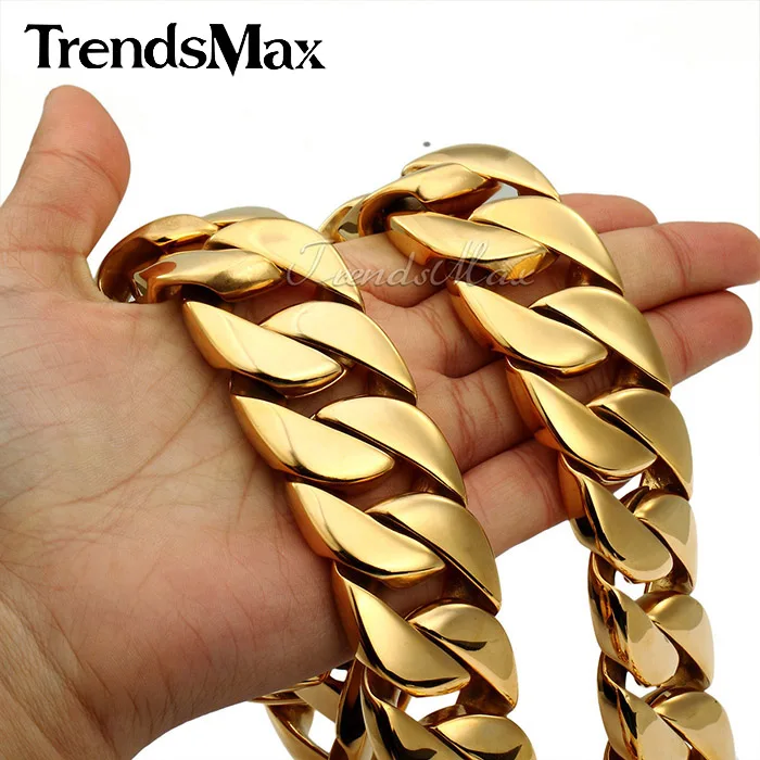 Trendsmax 31 мм супер Тяжелая Толстая Мужская цепочка Плоская Круглая Снаряженная кубинская Золотая тон 316L Нержавеющая сталь ожерелье на заказ длина HN29