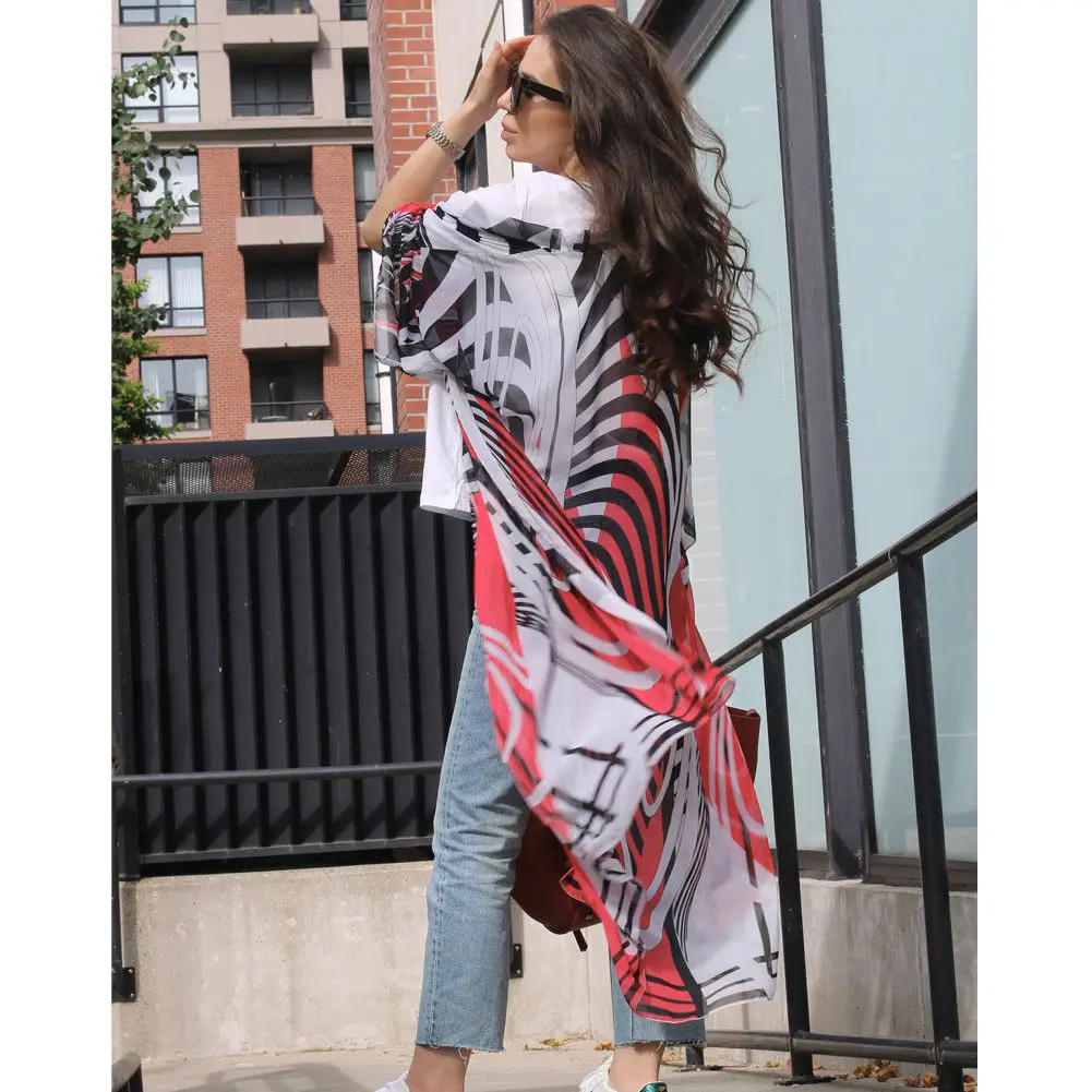 Женское пляжное платье Boho длинное шифоновое платье-кардиган с принтом 2019 |