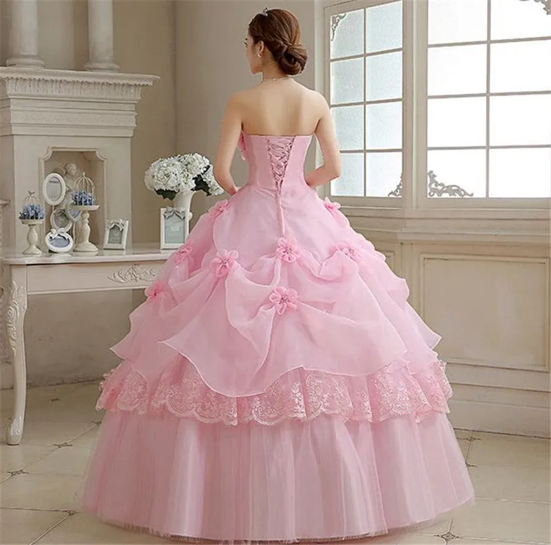 Настоящая фотография, vestido de noiva de, новинка, корейский стиль, цветы, без бретелек, розовый, красный, принцесса, свадебное платье, на шнуровке, бальное платье