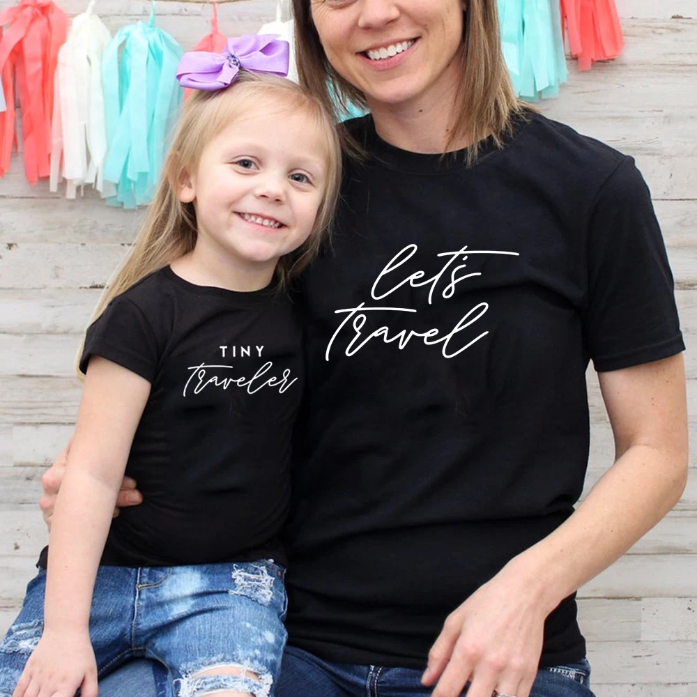 Let's Travel-camisa peque&ntilde;a de viaje para madre e hijo, camisas a juego de manga corta, cuello redondo, informal, de verano-0