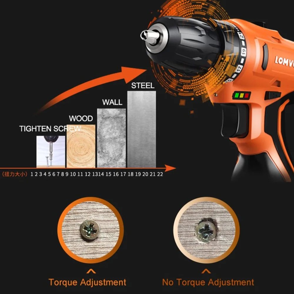 LOMVUM 12V Double Speed Electric Drill LED light Rechargeable Multifunction Mini Cordless Handheld Screwdriver Power Tools | Инструменты