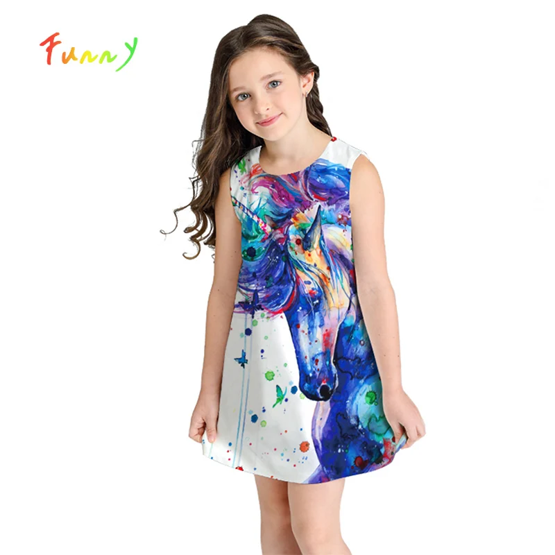 White Dress Girl Cute Cartoon Printed Unicorn Sleeveless Mini A Line Princess for Girls Kids Clothes 8 10 12 Years | Детская одежда и
