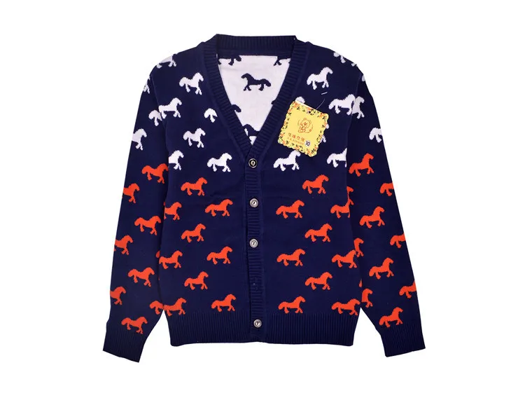 Детские свитера для мальчиков с V-образным вырезом, трикотаж, хлопок.На ткани распечатан рисунок лошадок(пони
