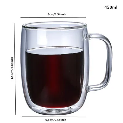450ml Термостойкая двойная стенка, высокое боросиликатное стекло, чашка с ручкой, прозрачная стеклянная посуда, пивная кружка, кружка для домашнего кофе, молока, кружки - Цвет: 450ml