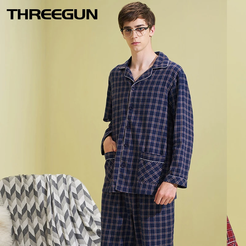 THREEGUN мужские хлопковые 2019 осенние зимние клетчатые Пижамные комплекты пижамы с