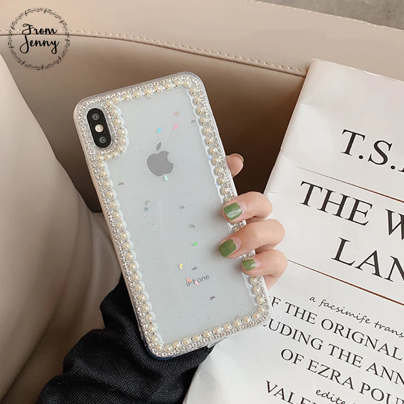 From Jenny Epoxy glitter rhinestone pearl for iPhone 11 pro x xr xs max 6 6s 78 Plus transparent silicone soft shell |