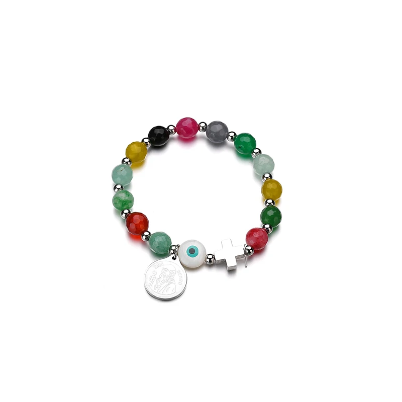 Evil Eye ELSEMODE Ethnic Mulitcolor Evil Eyes San Benito Cross Saint Stainless Steel Pendant Beads Bracelet for Women Lucky Gifts Jewelry - Окраска металла: Evil Eye