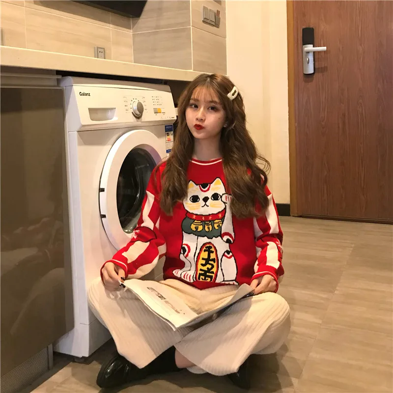 Women's Clothing Cute Kawaii Bf Red Lucky Cat Round Neck Sweater Lady Harajuku Ulzzang Sweaters For Women Thick Knitting Retro | Женская