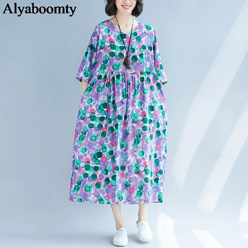 Летнее женское длинное платье большого размера в горошек винтажное Повседневное