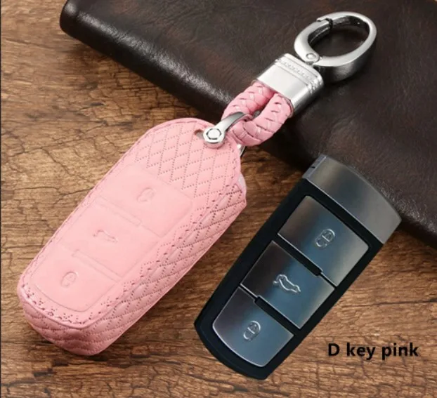 D key pink Автомобильный кожаный Футляр для ключей для VW MK7 Beetle Bora Golf Passat Polo Seat Altea Альгамбра Ibiza для Skoda Octavia A5 A7 Kodiaq - Название цвета: D key pink