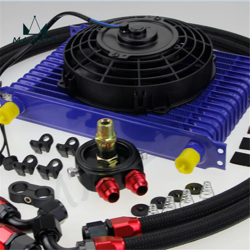 Universal 15 Row engine Transmission 10AN Oil Cooler kit +7&quot Electric Fan Kit BL |