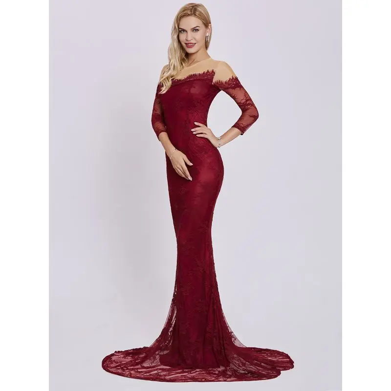 Dressv Длинное Вечернее Платье бордовое с длинными рукавами Длина до пола платье с коротким шлейфом женское кружевное вечернее платье Русалка es