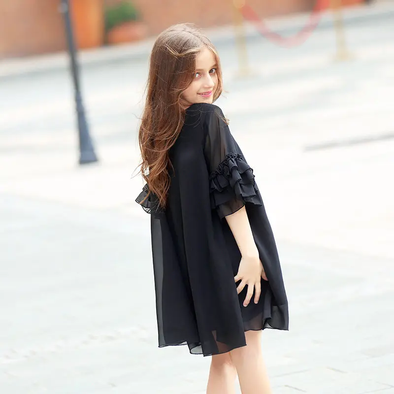 Летнее черное шифоновое платье для девочек крутая детская одежда с рукавами