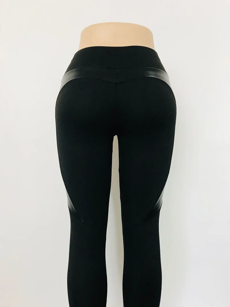 Черные легинсы с сердечком из искусственной кожи лоскутные зауженные длинные