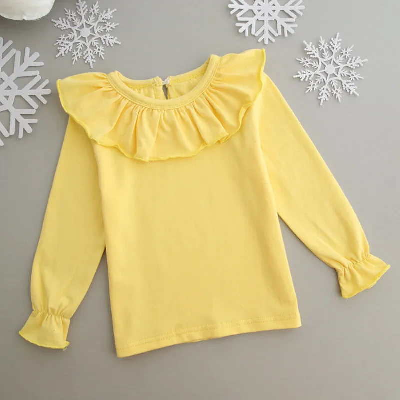 yellow baby girl top Новое поступление белые рубашки с оборкой по краю круглого выреза для новорожденных девочек рубашки на осень детские блузки хлопчатобумажные блузки майки и футболки для девочки JW0316 - Цвет: yellow baby girl top