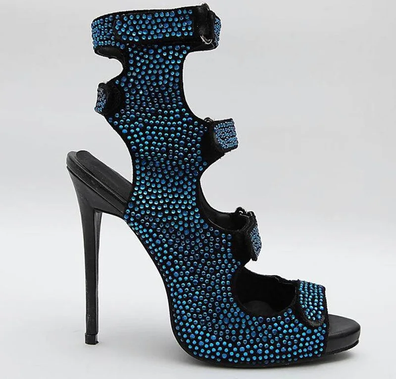 Новинка 2018 современные изысканные синие сандалии гладиаторы стразы