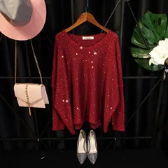 Cakucool/женские вязаные топы с золотым люрексом, длинный рукав летучая мышь, большой круглый вырез, свитер с блестками, серебряная нить, блестящие свободные женские джемперы - Цвет: red wine