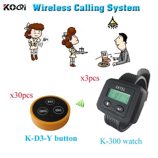 

Wireless Waiter Call System For Restaurant Service Pager With Best Price( 3 watch pager +30 table bell button)