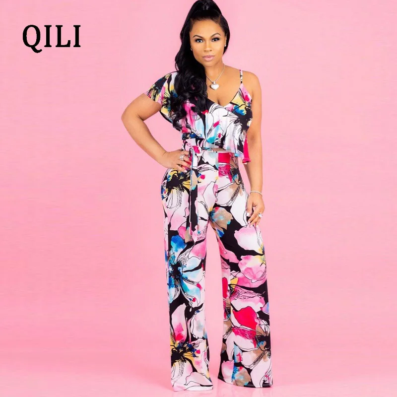 QILI Boho ремешок с цветочным принтом Комбинезон с оборками женский сексуальный Высокая талия пояс широкие Свободные Комбинезоны Летний Пляжный комбинезон - Цвет: Красный