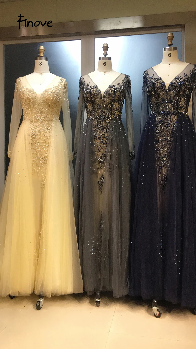 Finove вечернее платье длинное Robe de soiree сексуальное платье с v-образным вырезом в стиле ампир Линия Иллюзия Тюль полностью вышитое бисером длина до пола женское платье платья