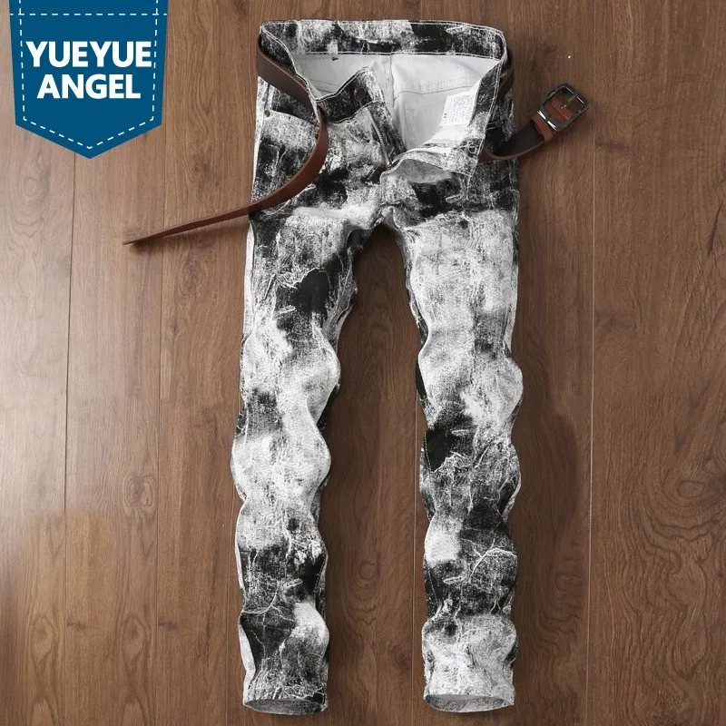 

Cowboys Man Jeans New Fashion Brand White Print Straight Full Length Slim Fit Mens Pants Motor Men's Denim Trousers