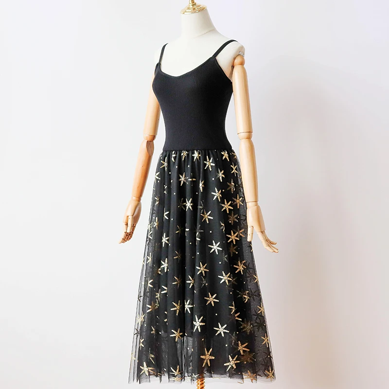 Облегающие Летние черные коктейльные платья средней длины с блестками и