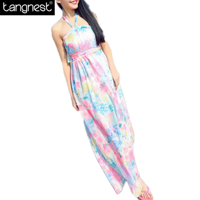 Лонг-платье 2016 лето женщины-бич цветочный принт спагетти ремень длинное платье