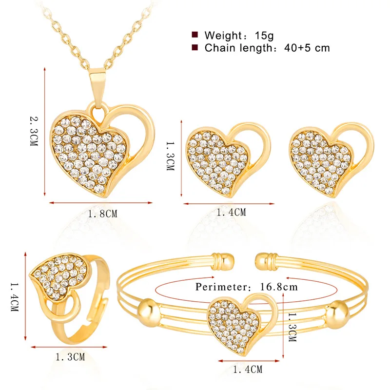 7A Size as Picture Милая любовь сердце полые ожерелье со стразами серьги кольцо браслет свадебные для женщин девочек детские модные ювелирные наборы - Окраска металла: 7A Size as Picture